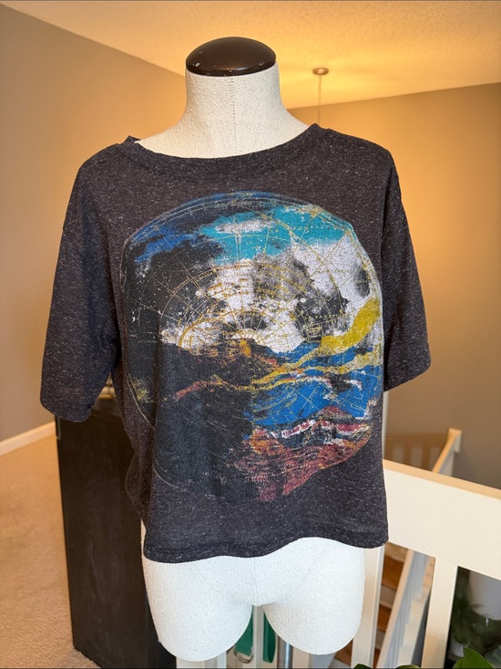 Anthropologie Tops - Anthropologie Black Graphic Crop Top with Blue, Yellow and Red Print